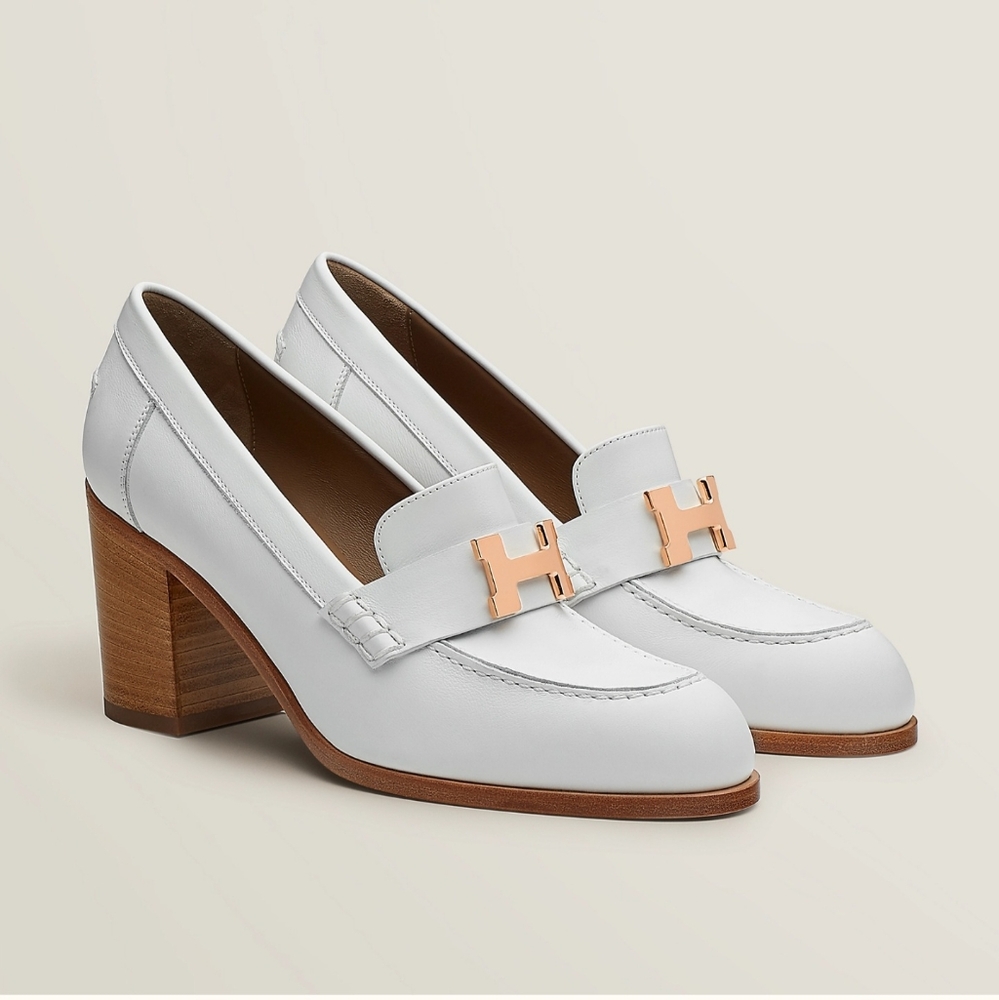 Hermès Dauphine 70 Loafer Blanc Calfskin with Rose Gold-plated Buckle sz 37.5
